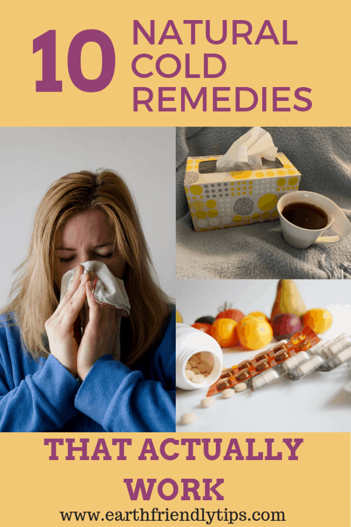 Woman sneezing, tissues and tea, and vitamins with text overlay 10 Natural Cold Remedies That Actually Work