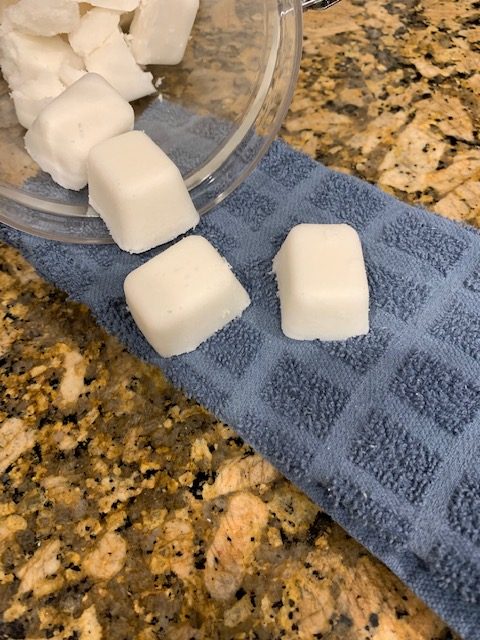 DIY dishwasher detergent tablets on blue towel