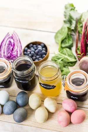 Easter eggs painted with natural egg dye from fruits and vegetables