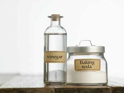 Containers of baking soda and white vinegar on table
