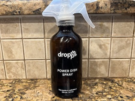Glass spray bottle of Dropps Power Dish Spray