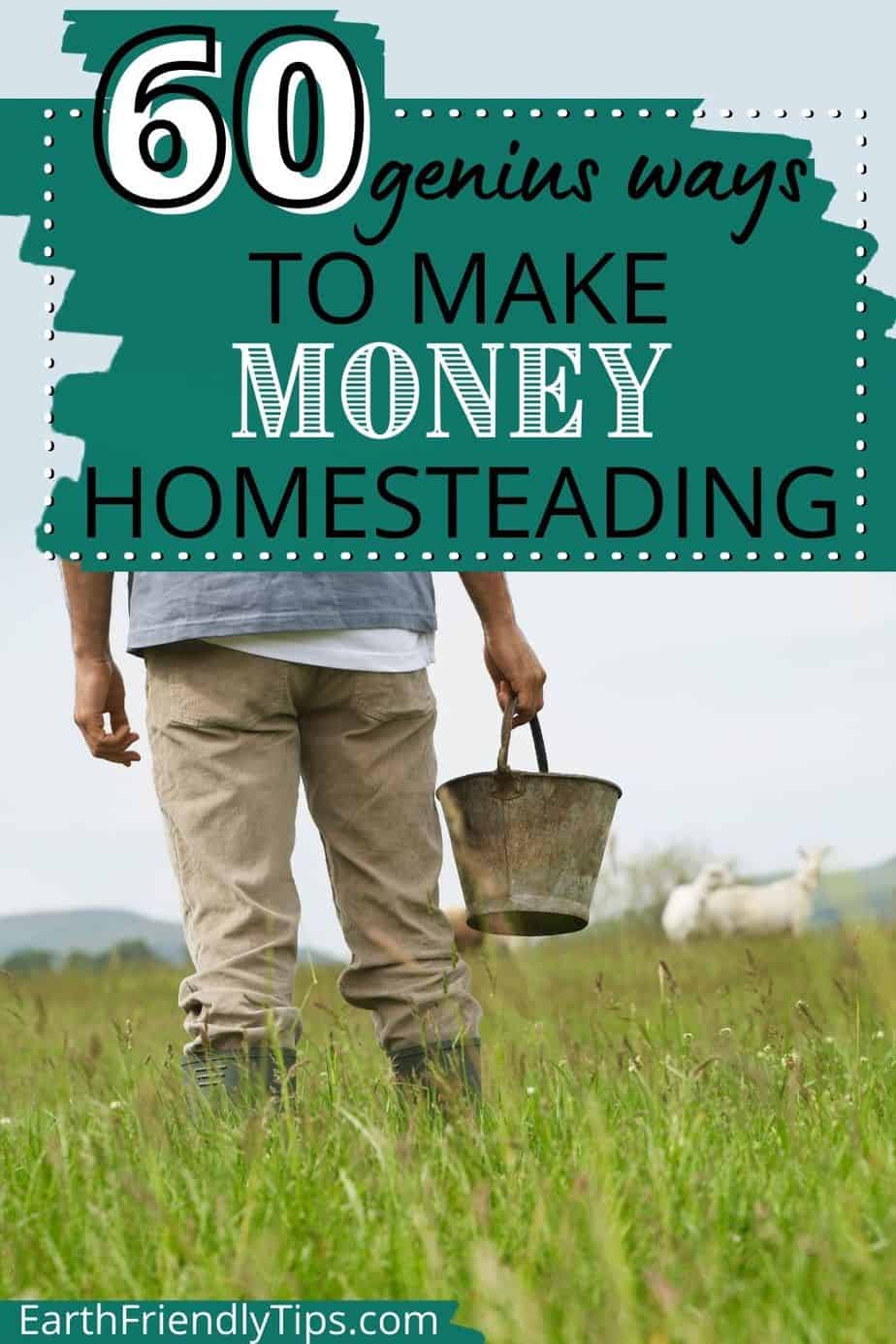 Man holding bucket and standing in front of sheep on farm with text overlay 60 Genius Ways to Make Money Homesteading