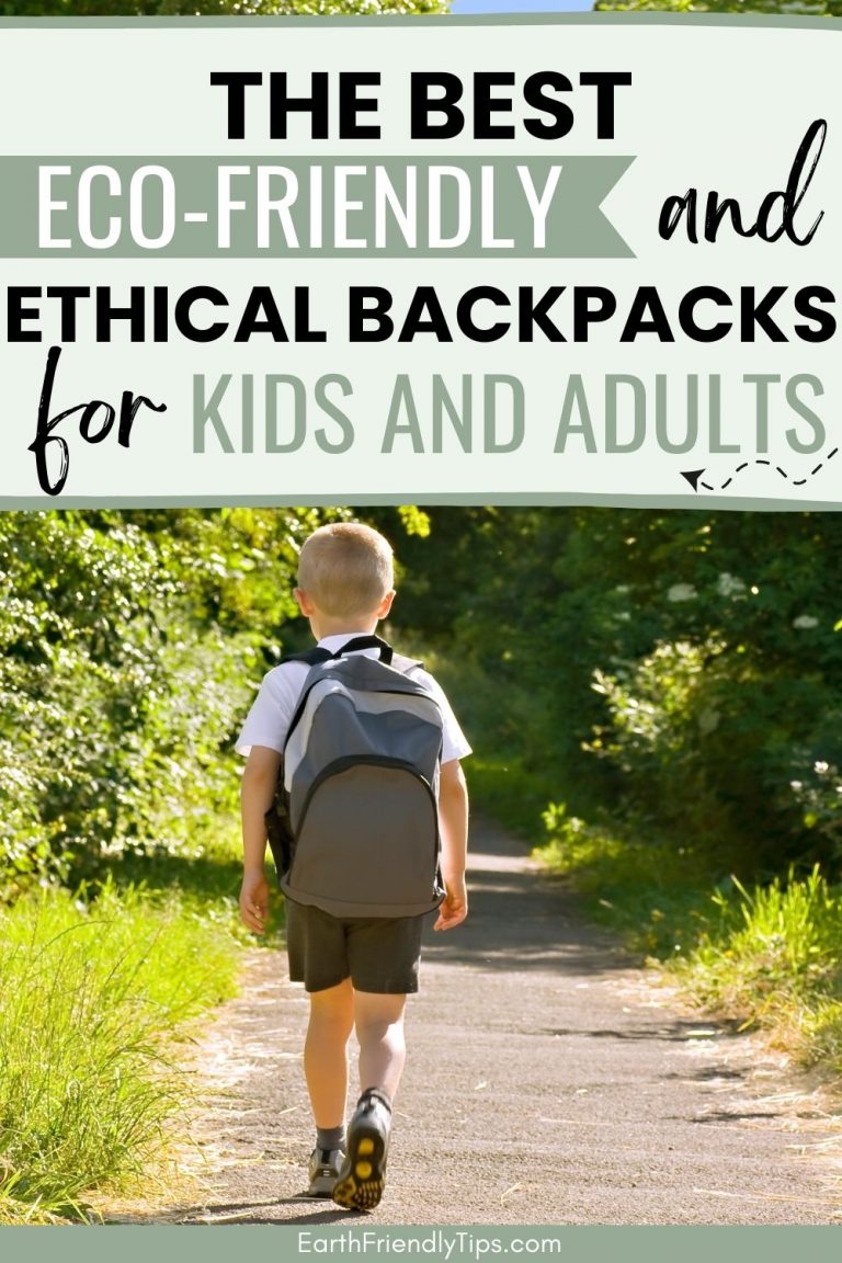 Picture of little boy wearing backpack while walking down path with text overlay The Best Eco-Friendly and Ethical Backpacks for Kids and Adults