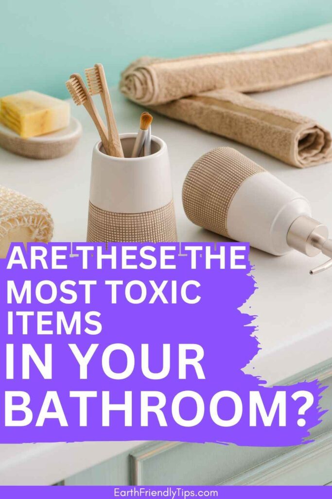Picture of a modern bathroom countertop featuring natural bamboo toothbrushes, a soap dish with a bar of soap, rolled towels, and an eco-friendly soap dispenser with text overlay Are These the Most Toxic Items in Your Bathroom?