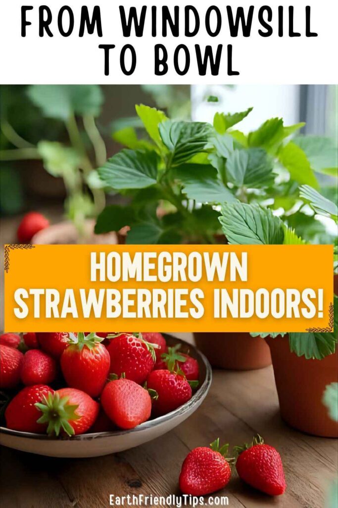 Picture of a bowl of ripe strawberries on a wooden table beside potted indoor strawberry plants with text overlay From Windowsill to Bowl Homegrown Strawberries Indoors!