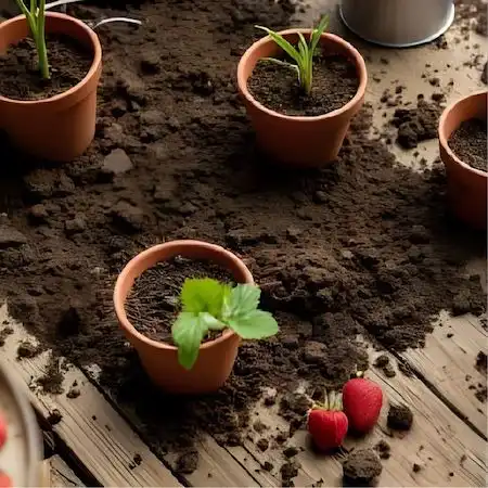 Indoor gardening scene featuring several small terracotta pots with young strawberry plants and gardening tools
