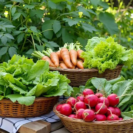 fresh garden produce arranged in baskets
