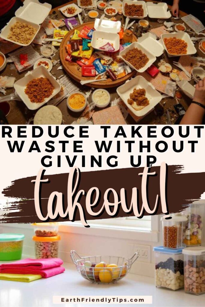 Picture of messy table cluttered with various takeout containers and food items and a counter with organized food storage containers with text overlay Reduce Takeout Waste Without Giving Up Takeout