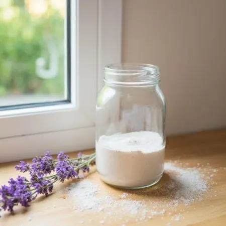 Picture of a jar of homemade laundry scent booster sitting on a wooden surface next to a sprig of lavender