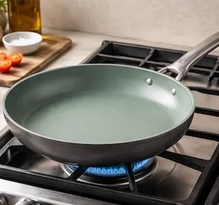 GreenPan on gas stovetop with cooking ingredients in the background