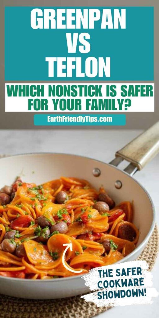 Picture of a non-stick pan featuring a colorful pasta dish with text overlay GreenPan vs Teflon Which Nonstick is Safer for Your Family
