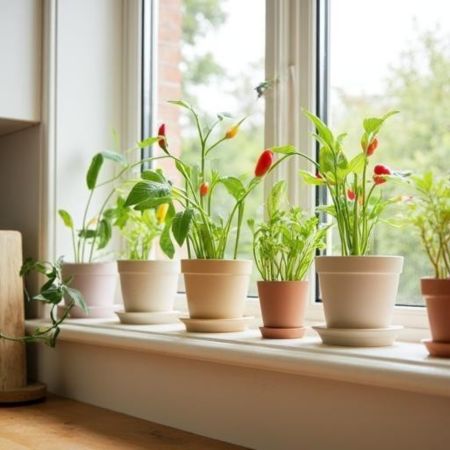 A row of potted pepper plants on a windowsill