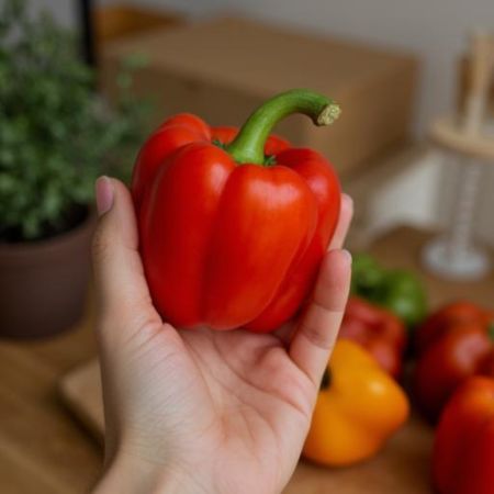 a person holding a ripe red bell pepper in one hand