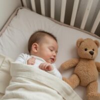 Serene image of a sleeping baby in a crib beside a teddy bear