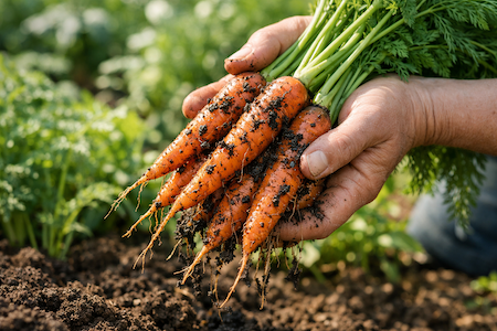 Freshly harvested carrots in the garden