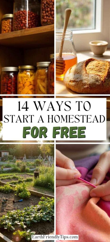 Picture collage featuring jars of preserved food, freshly baked bread, a garden, and sewing with text overlay 14 Ways to Start a Homestead for Free