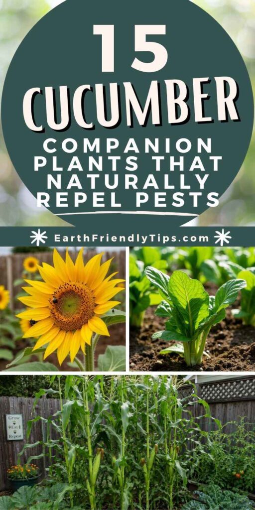 Picture collage featuring a sunflower, leafy greens, and corn plants with text overlay 15 Cucumber Companion Plants That Naturally Repel Pests