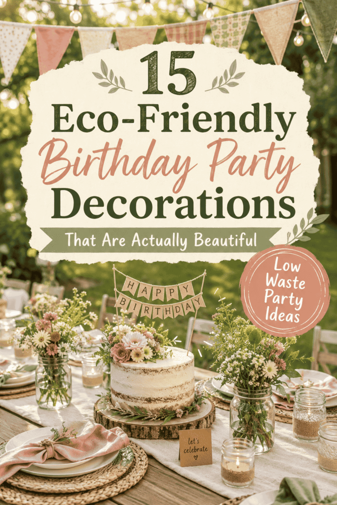 Picture of a beautifully arranged outdoor table setting featuring an eco-friendly birthday cake and floral decorations with text overlay 15 Eco-Friendly Birthday Party Decorations