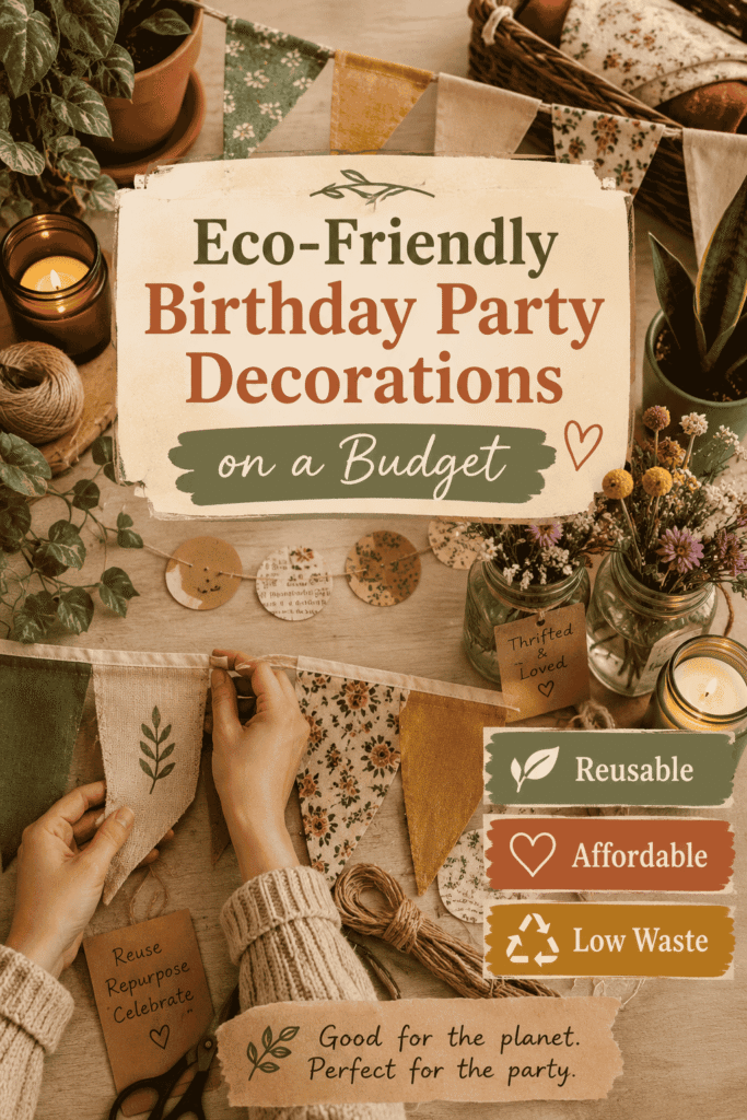 Picture of a person decorating a table with eco-friendly birthday party decorations with text overlay Eco-Friendly Birthday Party Decorations on a Budget