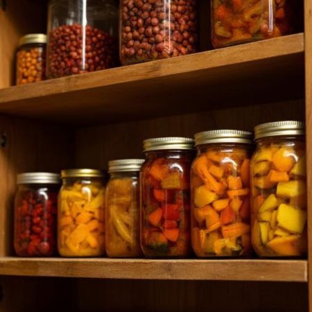 Food preserved in glass jars