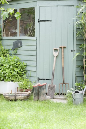 Garden tools propped up against a garden shed