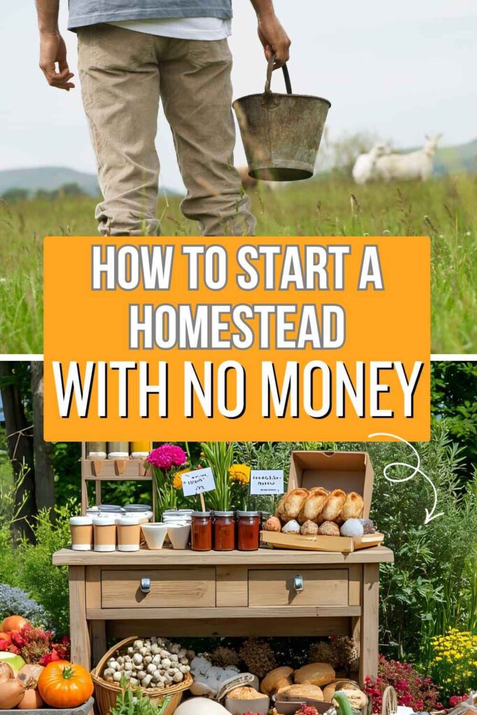 Pictures of a person holding a bucket standing in a field and a wooden table displaying vegetables, flowers, jars, and baked goods with text overlay How to Start a Homestead With No Money