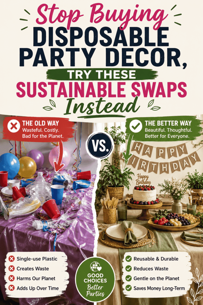 Picture contrasting a cluttered birthday party scene with disposable plastic items and waste and a natural party with eco-friendly decorations and Earthy-themed decor with text overlay Stop Buying Disposable Party Decor