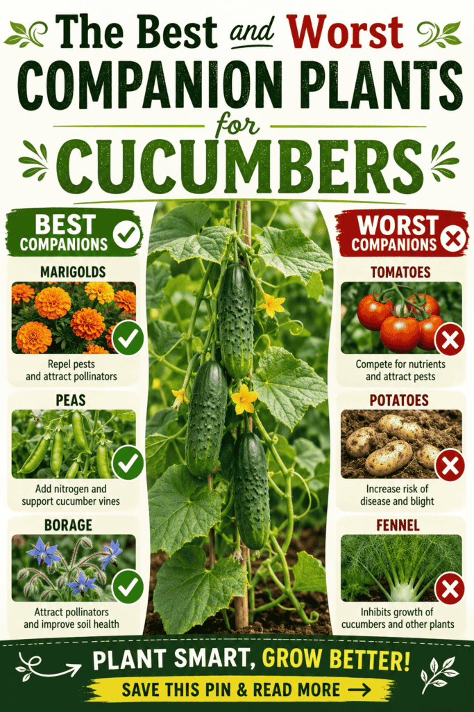 Picture of an infographic showing the best and worst companion plants for cucumbers with text overlay The Best and Worst Companion Plants for Cucumbers