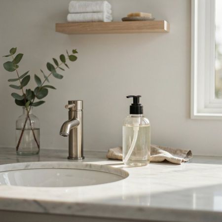 Bottle of DIY foaming hand soap sitting next to a sink