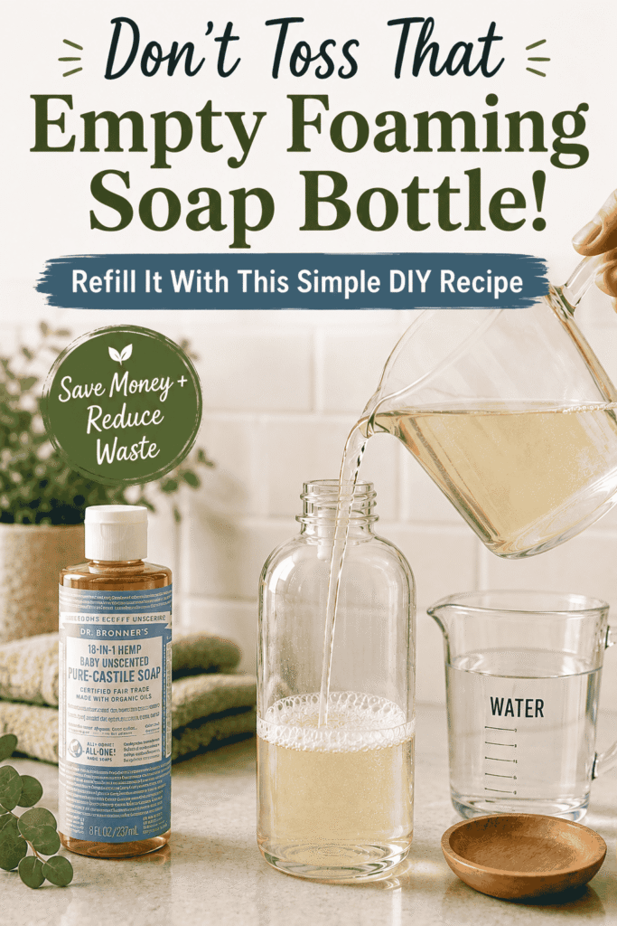 Picture of a person pouring a liquid from a measuring cup into a glass bottle with text overlay Don't Toss That Empty Foaming Soap Bottle! Refill it With This Simple DIY Recipe
