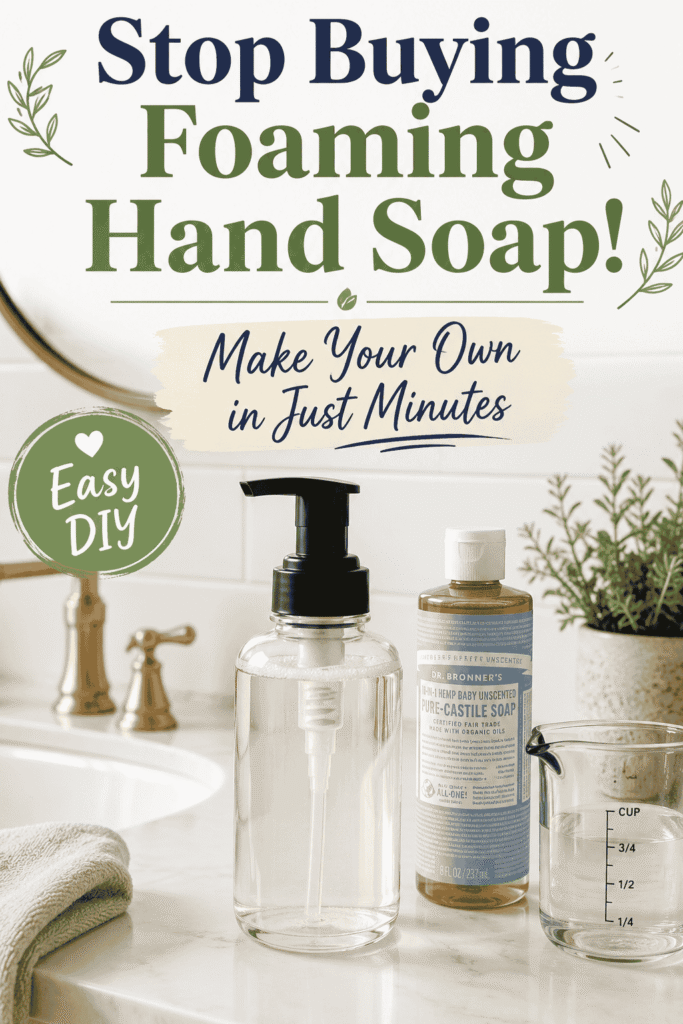 Picture of countertop scene featuring a clear pump bottle for foaming hand soap, a bottle of Dr. Bronner's Pure-Castile Soap, and a measuring cup with text overlay Stop Buying Foaming Hand Soap! Make Your Own in Just Minutes