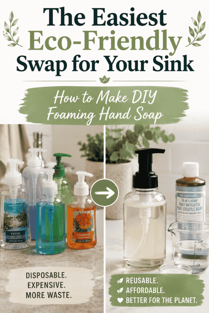Picture of an instructional graphic featuring various soap dispensers on the left and a bottle of liquid soap and measuring cup on the right with text overlay The Easiest Eco-Friendly Swap for Your Sink How to Make DIY Foaming Hand Soap