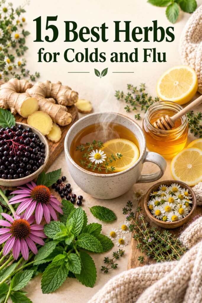 Picture of a steaming cup of herbal tea with lemon and flowers sitting among various herbs and honey with text overlay 15 Herbs for Colds and Flu