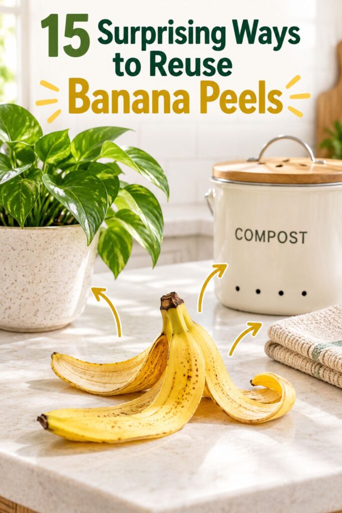 Picture of a cluster of banana peels on a kitchen countertop alongside a potted plant and a compost bin with text overlay 15 Surprising Ways to Reuse Banana Peels