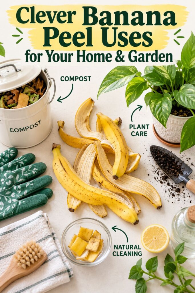 Picture of an assortment of banana peels, a compost bin, gardening tools, and natural cleaning items arranged on a surface with text overlay Clever Banana Peel Uses for Your Home and Garden