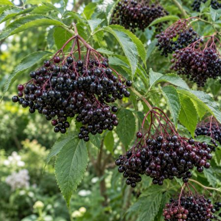 Clusters of ripe elderberries growing on a plant