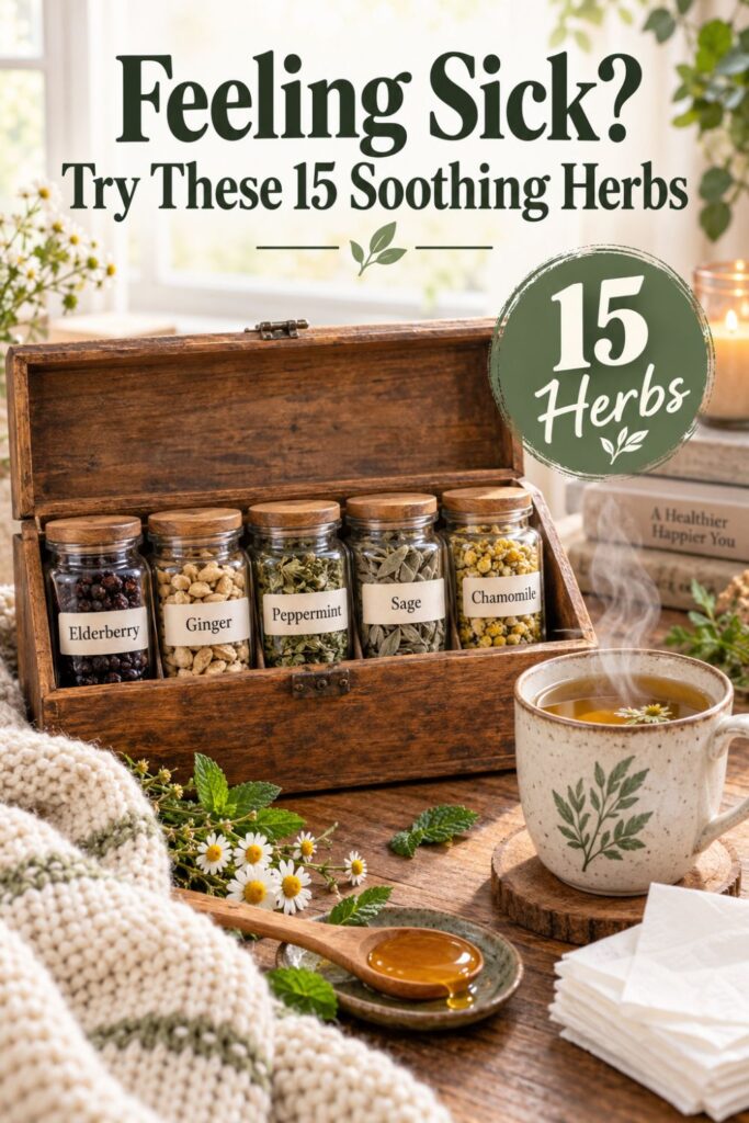 Picture of a wooden box containing jars of elderberry, ginger, peppermint, sage, and chamomile displayed alongside a steaming cup of herbal tea, honey, and chamomile flowers with text overlay Feeling Sick? Try These 15 Soothing Herbs