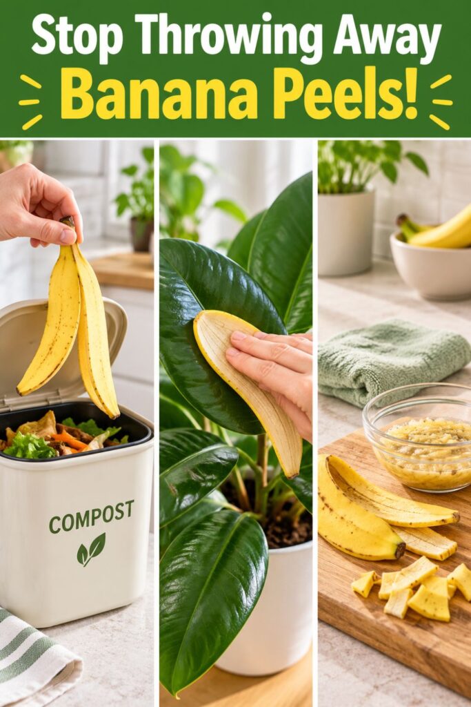 Picture of a person putting banana peels into a compost bin, another applying a banana peel to a plant's leaves, and a bowl of blended banana peels shown on a kitchen countertop with text overlay Stop Throwing Away Banana Peels!