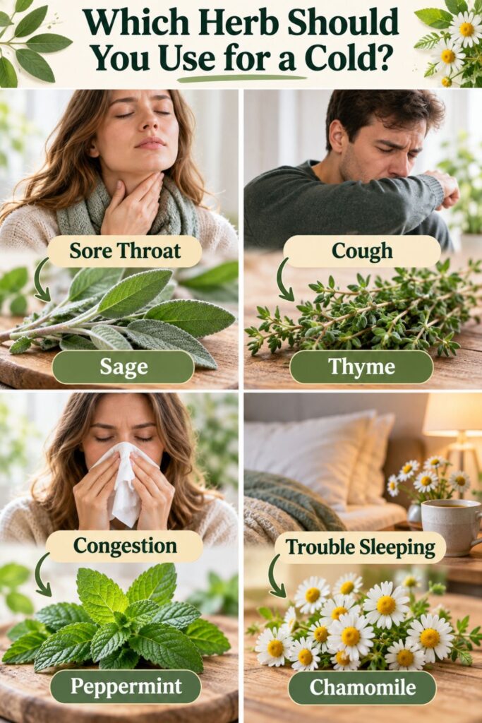 Picture of an informative graphic displaying various herbs like sage, thyme, peppermint, and chamomile, with corresponding uses for cold symptoms such as sore throat, cough, congestion, and trouble sleeping with text overlay Which Herb Should You Use for a Cold?