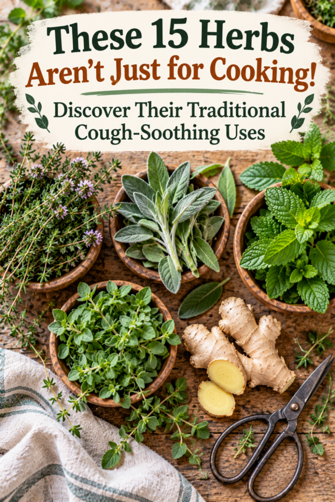 Picture of a variety of fresh herbs displayed in wooden bowls on a wooden surface with text overlay These 15 Herbs Aren't Just for Cooking! Discover Their Traditional Cough-Soothing Uses