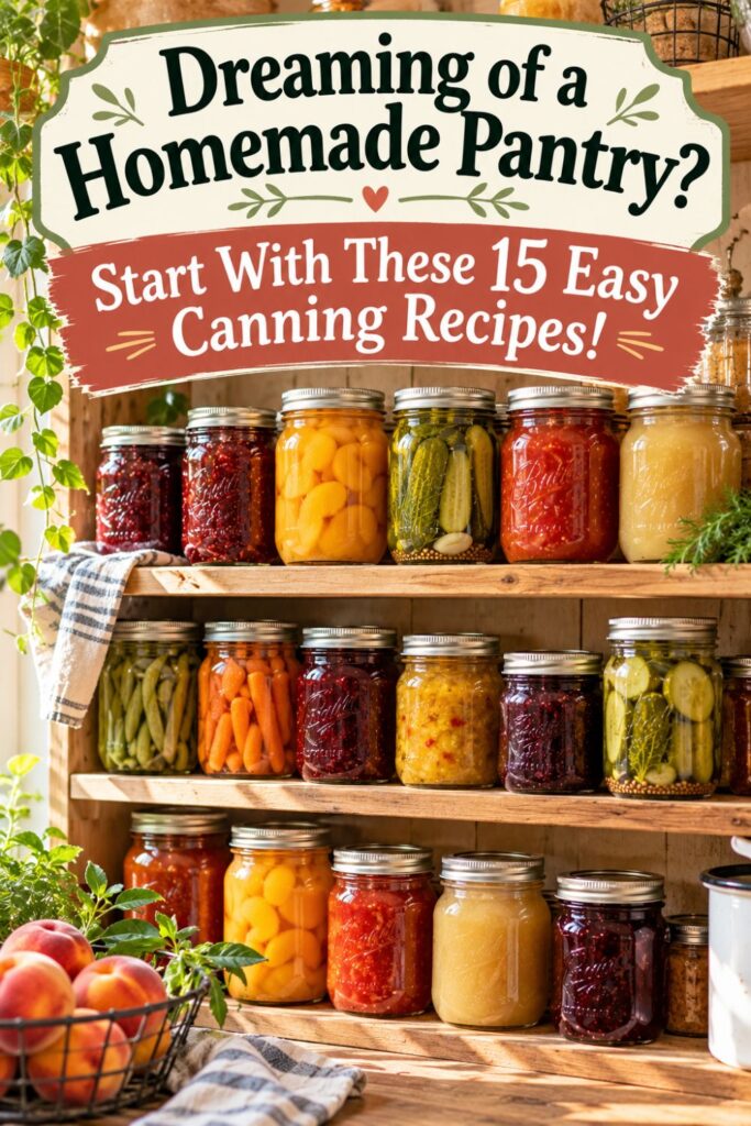 Picture of wooden shelves displaying various jars filled with colorful canned fruits and vegetables with text overlay Dreaming of a Homemade Pantry? Start With These 15 Easy Canning Recipes