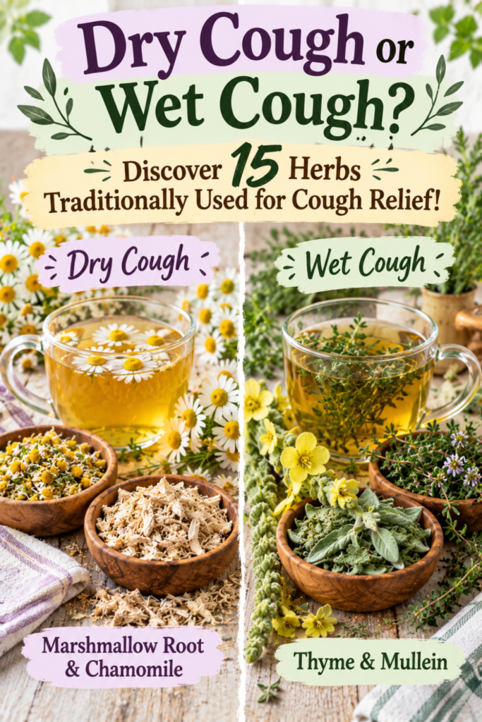 Picture of two cups of herbal teas, labeled Dry Cough and Wet Cough surrounded by various herbs with text overlay Dry Cough or Wet Cough Discover 15 Herbs Traditionally Used for Cough Relief