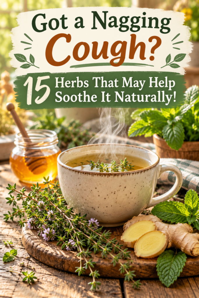 Picture of a steaming cup of herbal tea sitting on a wooden board surrounded by fresh herbs, honey in a jar, and ginger root with text overlay Got a Nagging Cough? 15 Herbs That May Help Soothe it Naturally