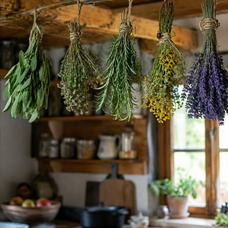 Bundles of herbs hanging up to dry in rustic kitchen