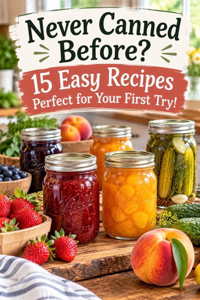 Picture of a display of jars containing various canned fruits and pickles surrounded by fresh fruits and vegetables with text overlay Never Canned Before? 15 Easy Recipes Perfect for Your First Try!