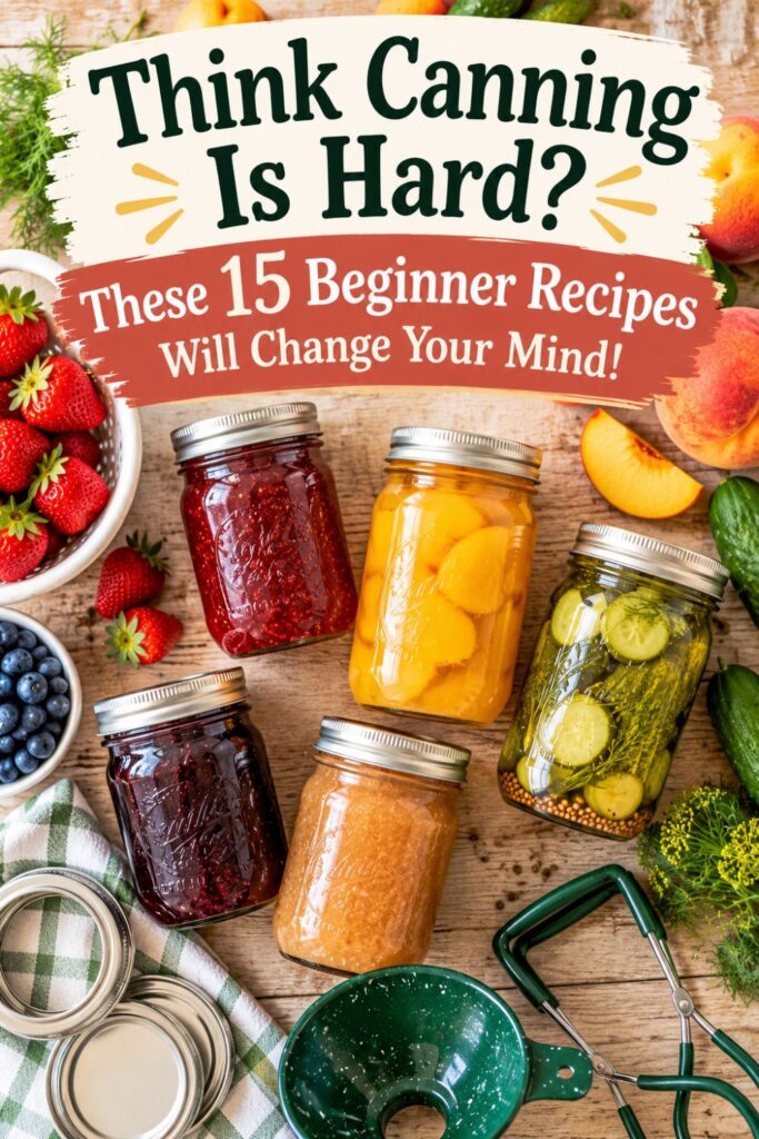 Picture of a collection of canned fruits and vegetables displayed alongside fresh produce and canning tools with text overlay Think Canning Is Hard? These 15 Beginner Recipes Will Change Your Mind!